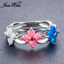 Silver Flower Shape Rainbow Wedding Ring Round White/Pink/Blue Fire Opal Rings For Women