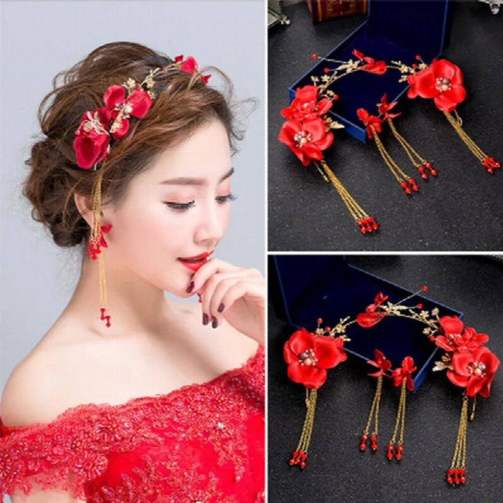 Red Flower Bridal Tiaras Headband Women Headpiece Wedding Crowns Earring Jewelry Hair Accessories