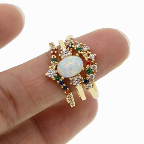 copper thin 3pcs set ring line micro pave cz eternity rainbow cz women engagement ring egg shape fire opal ring 2