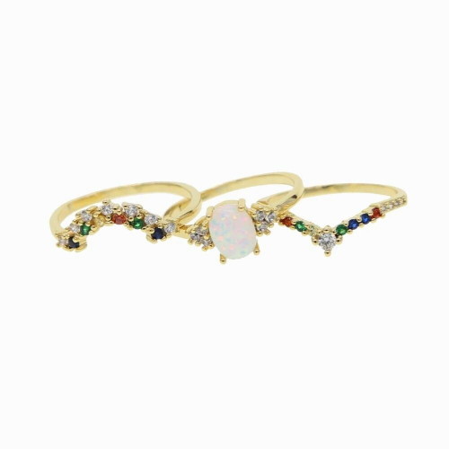copper thin 3pcs set ring line micro pave cz eternity rainbow cz women engagement ring egg shape fire opal ring