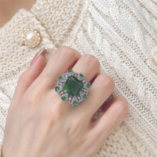 French Vintage Emerald Gem Open Ring 925 Sterling Silver High Jewelry Anniversary Gift Wedding Gift