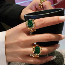 French high-end retro emerald gemstone bamboo exaggerated gold-plated open ring party eye-catching jewelry