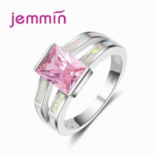 Pink Princess Cut Crystal 925 Sterling Silver Rings Fine Bridal Wedding Fine Jewelry Opal Finger Ring Lady