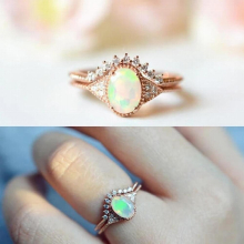 Rose OPAL Cubic Zirconia Rings For Women Shining Big Opal Jewelry Two-layer Engagement Wedding Rings set