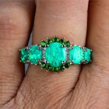 Female Green Opal Oval Ring Charm Silver Thin Engagement Ring Vintage Bride Zircon Stone Wedding Rings For Women