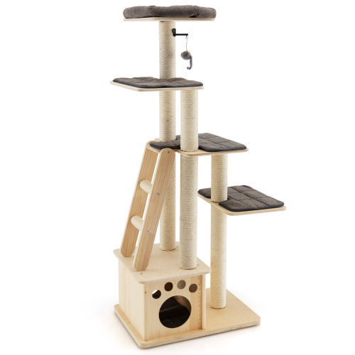 Costway Wooden Cat Tower Modern Cat Tree Multi-level Cat Play Condo Scratching Posts