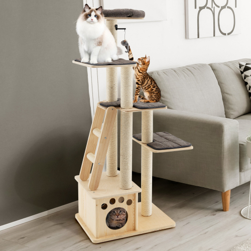 Costway Wooden Cat Tower Modern Cat Tree Multi-level Cat Play Condo Scratching Posts 2