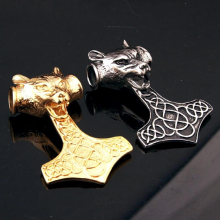 Vintage Stainless Steel Thors Hammer With Wolf Head Mens Boys Jewelry Pendant Necklace Box Link Chain 24inch Gift