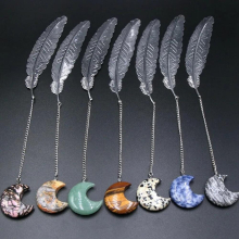 6pcs Natural Moon Crystal Feather Charms Pendant Bookmark Clear Quartz Gemstone Creative Page Holder Stationery Decor Gift