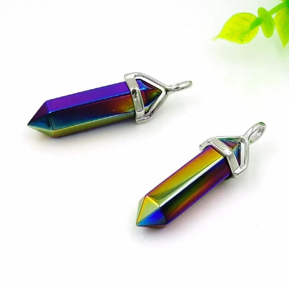 Titanium Rainbow Agate Hexagon Pillar Point Pendant Of Gluing Brass Cap Platina And Plated Approx 40*10mm-image-OPC-PCVYPH9-NEW