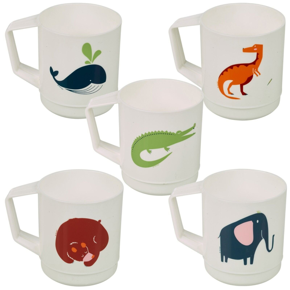 (5) Kids Reusable Plastic Drinking Mugs Cups Handle Assorted Animal Design Set