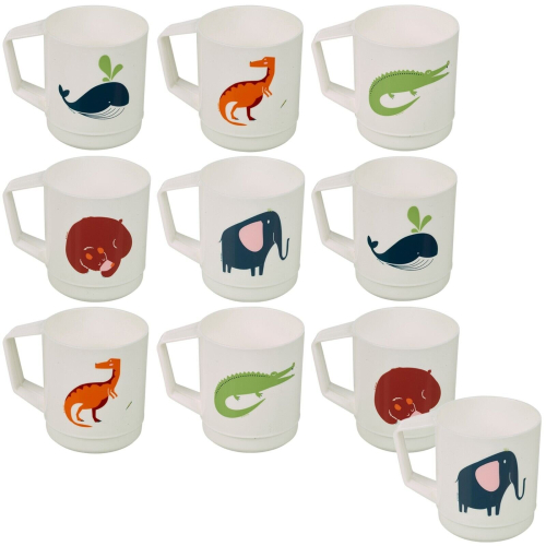 URBN-CHEF (10) Kids Reusable Plastic Drinking Mugs Cups Handle Assorted Animal Design Set