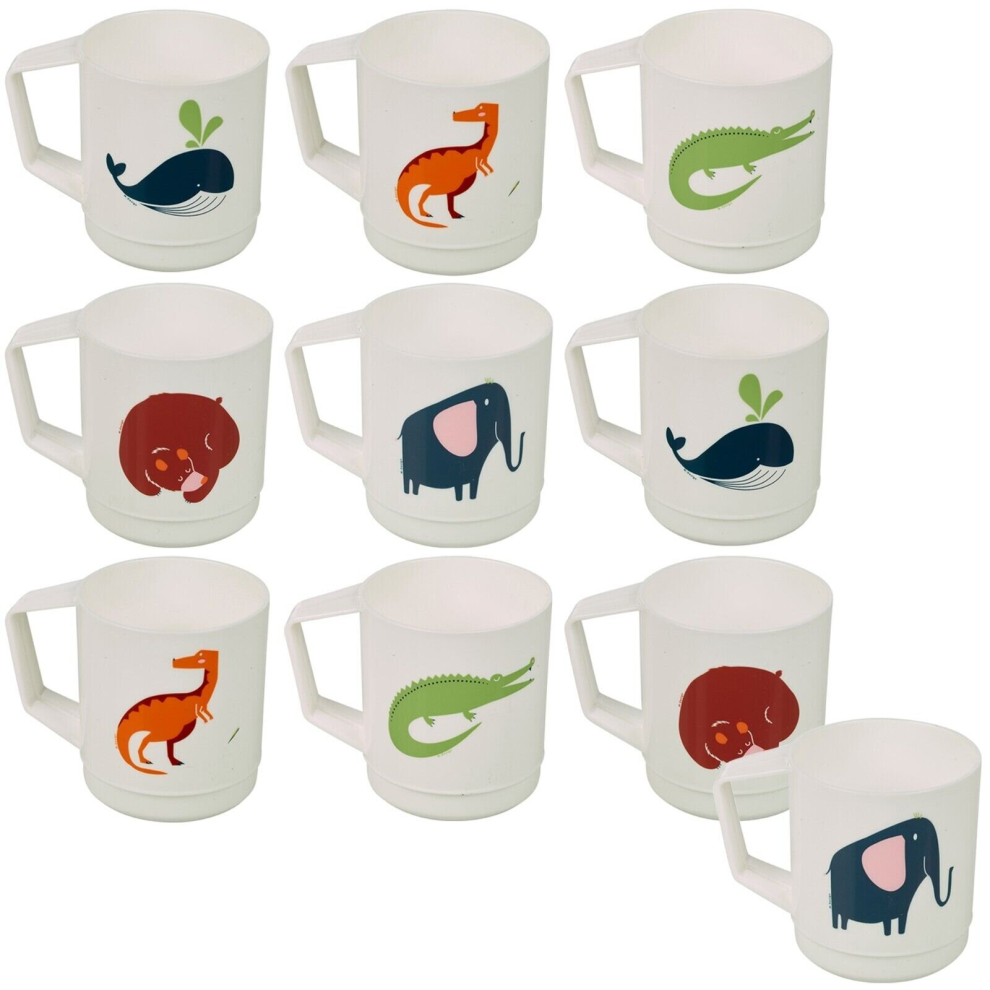 (10) Kids Reusable Plastic Drinking Mugs Cups Handle Assorted Animal Design Set