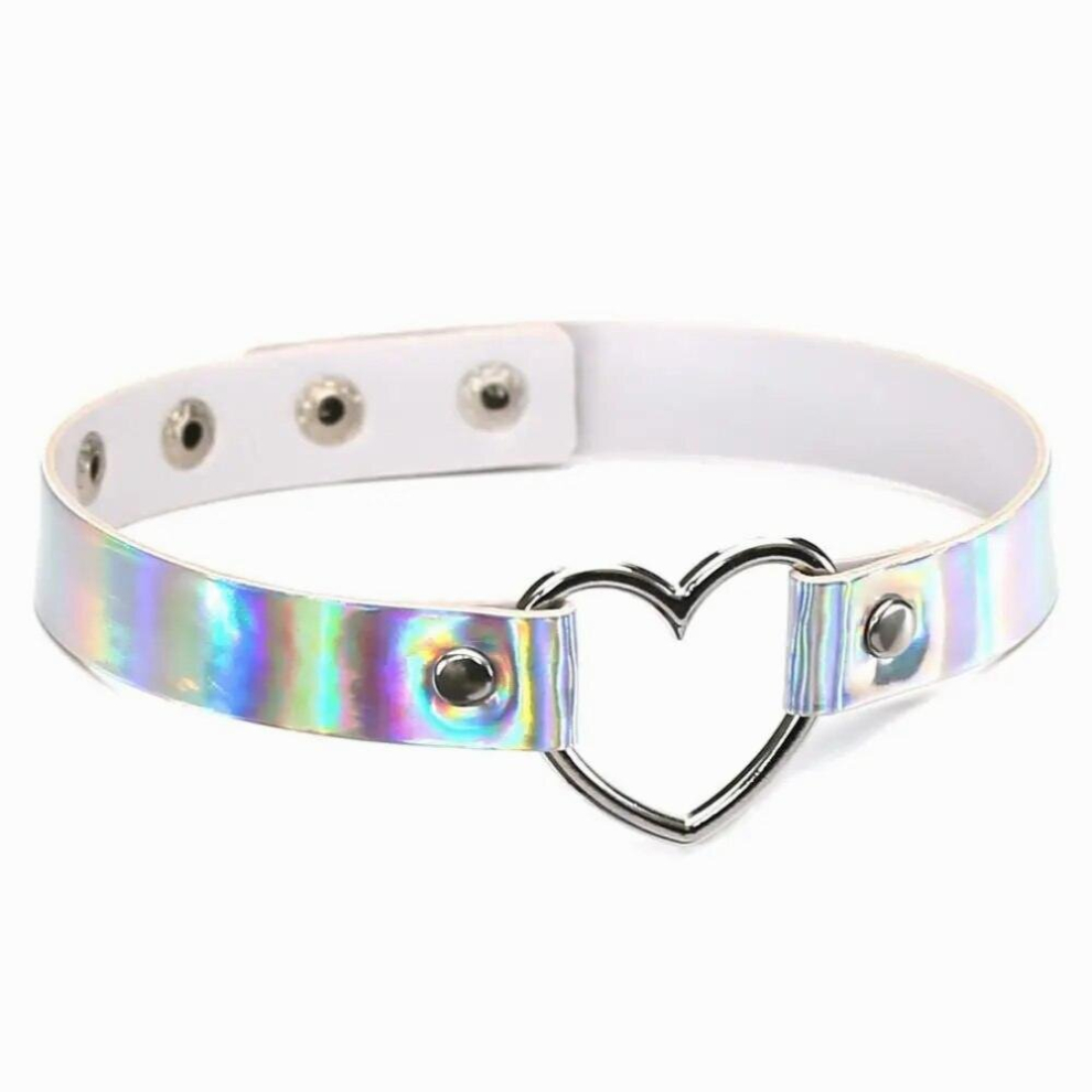 Multicoloured Harajuku Pu Leather Punk Choker Choker Necklace With Clavicle Necklace With Laser Pu Leather Heart-Shaped Collar Chain