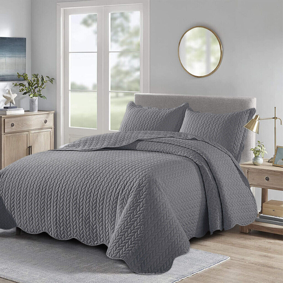 (Double) Grey Embossed Bedspread Quilted Bed Throw Comforter Set with 2 Pillowcases