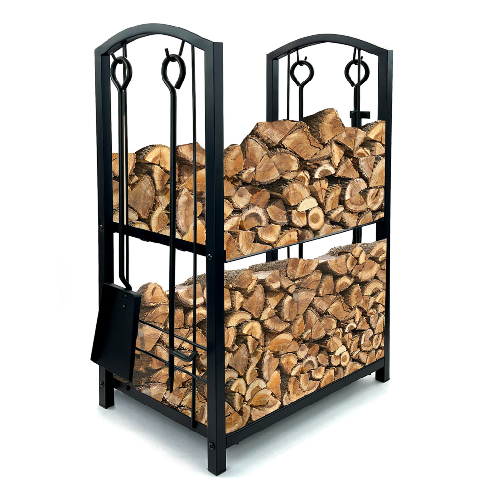 Firewood 2 Tier Rack Log Holder Wood Storage with Hooks 4 Tools Black