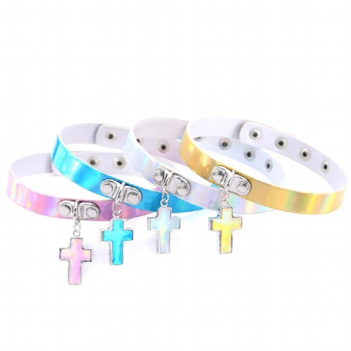 punk laser leather collar cross pendant reflective leather collar 2