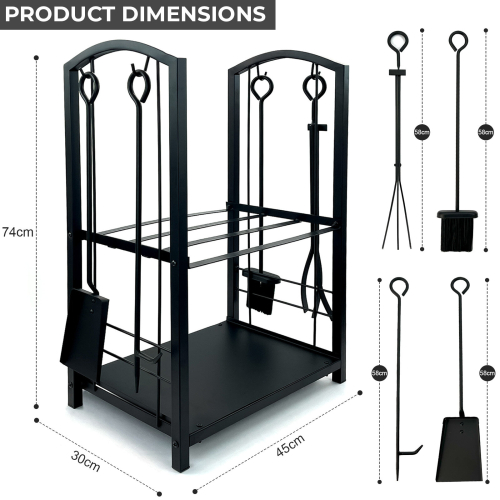 Firewood 2 Tier Rack Log Holder Wood Storage with Hooks 4 Tools Black 2