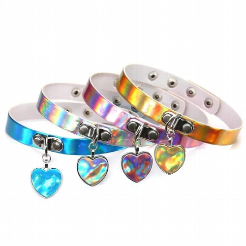 punk laser leather collar love pendant reflective leather collar 1