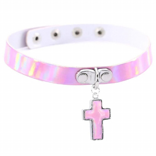 punk laser leather collar cross pendant reflective leather collar