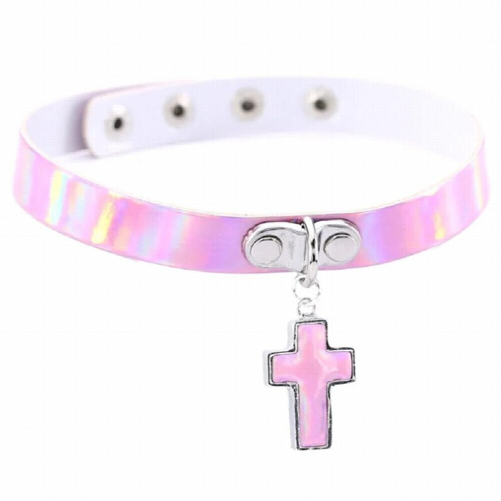 punk laser leather collar cross pendant reflective leather collar