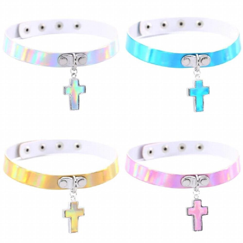 punk laser leather collar cross pendant reflective leather collar 1