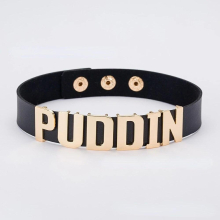 Letters PUDDIN Faux Leather Buttons Torque Necklace Neck Ring Halloween Prop Decoration Costumes Accessories Gift