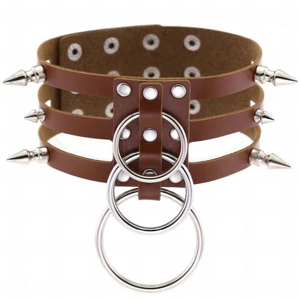 street shooting nightclub wild three-row three-O-ring collar Alternative exaggerated spiked rivet PU leather necklace