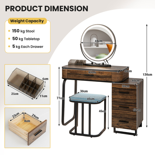 Costway Dressing Table Vanity Set Makeup with Stool LED Light & 3-Drawer Chest 1