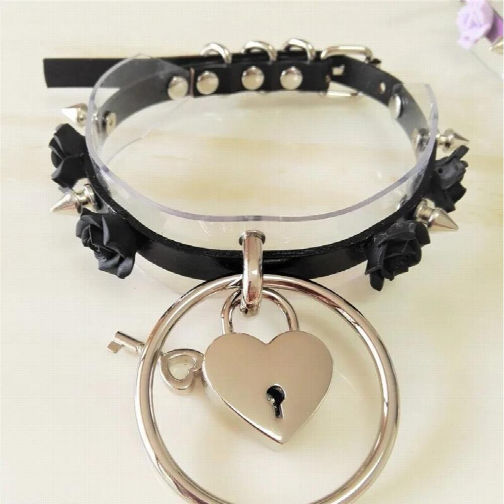 Sexy Harajuku punk two layer Leather Choker Necklace Flower O-Round Rivets Lock Collar Necklace torque belt