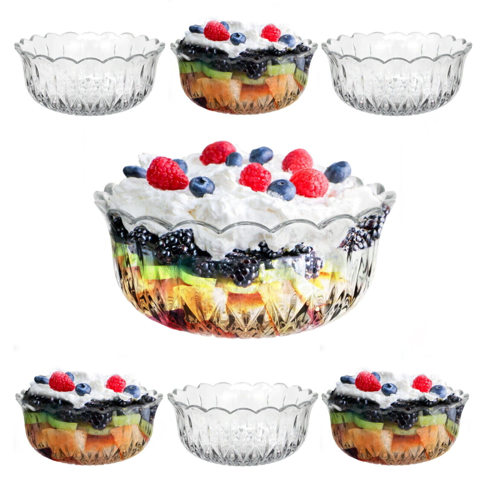 (NEW PARIS) Trifle Bowl Set 7 Piece Set Clear Glass Fruit