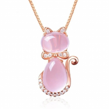 and Lovely Pink Crystal Cat Zircon Pendant Necklace Girl Lady Sweet Temperament Collarbone Chain Jewelry Gift
