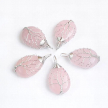 5Pcs Dangle Rose Quartz Stone Pendants Wire Wrapped Tree Of Life Charm Gemstone Classic Jewelry Gift TN4211