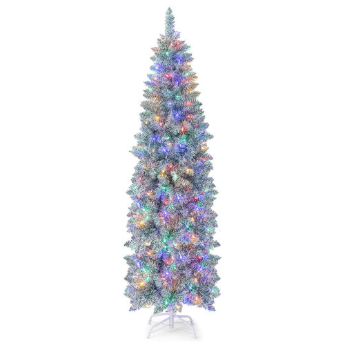 6FT Pre-Lit Christmas Tree Hinged Pencil Xmas Tree W/ 250 LED Lights