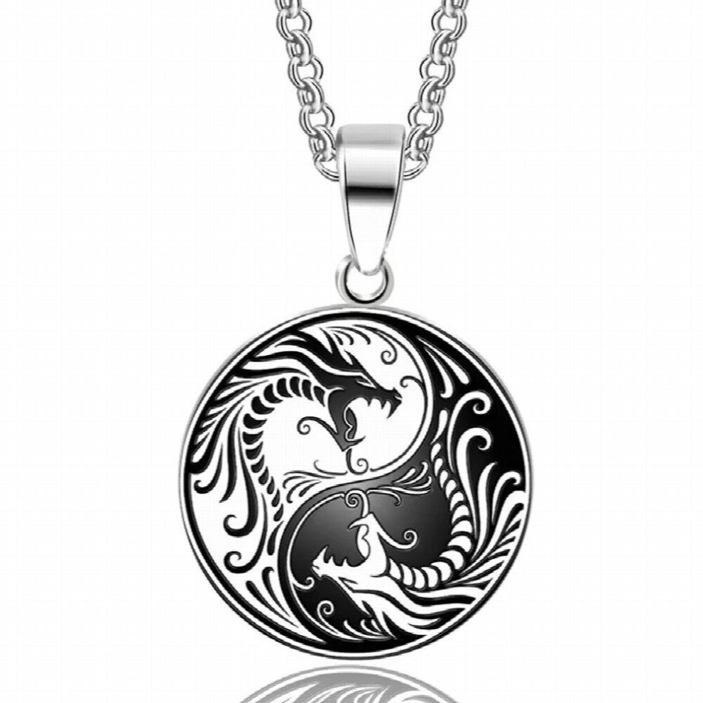 Zilveren Mannen Ketting Yin Yang Dubbele Draak Hanger Ketting Klassieke Chinese Stijl Sieraden-image