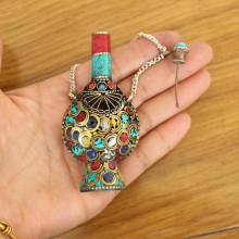 SN206 Vintage Tibetan Collectibles Nepal Brass Turquoises Lapis Colorful Stone Large Snuff Bottle