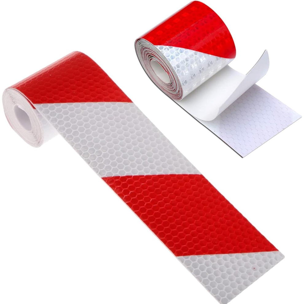2Pcs Reflective Safety Warning Tape Reflective Sticker Film White Red, Fluorescent Safety Tape Sticker For Night Visibility 5Cm X 3M 7770197815826