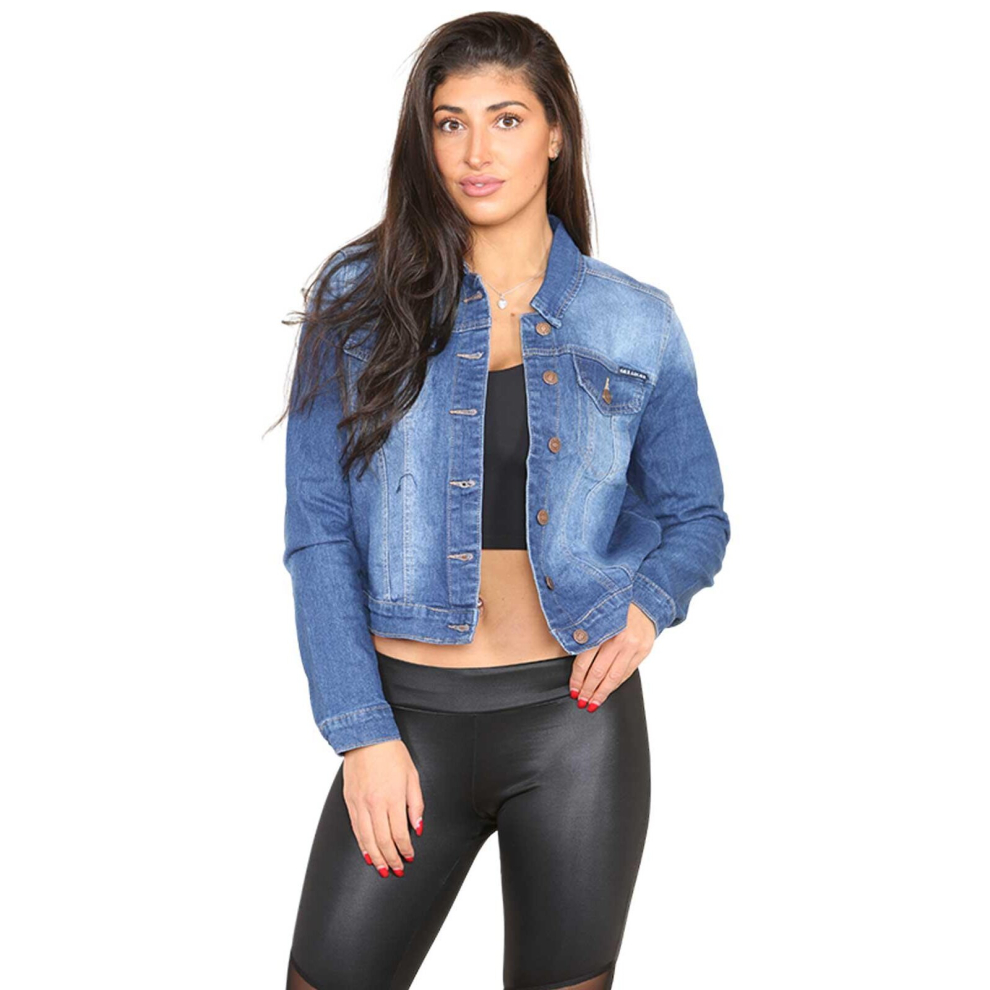 (Stone Wash, S) Ladies Denim Jacket Western Classic Casual Coat