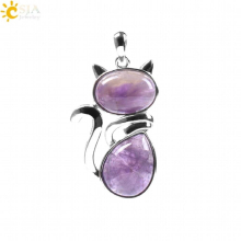 CSJA Chakra Natural Stone Pendant Cat Pendants Suspension for Girl Green Aventurine Pink Crystal Cat Wisiorek Jewelry F072
