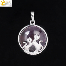 CSJA Cat Pendant for Necklace Natural Stone Round Flat Beads Double Cats Lover Jewelry Love Heart Pendants Girl Women F333