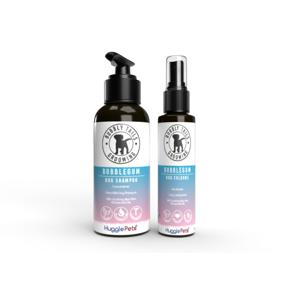 (Bubblegum (Whitening)) HugglePets Bubbly Tails Dog Shampoo and Deodorising Cologne Spray Set