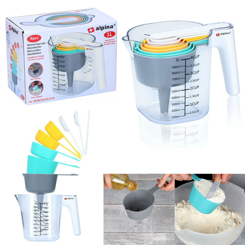 9PC Plastic Measuring Jug Set Stackable Measuring Cups Spoons Utensil