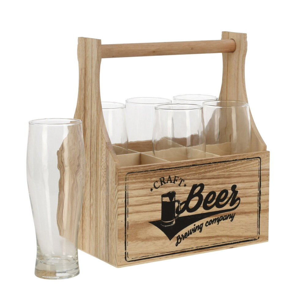 Half Pint Beer Glasses Pack Of 6 Plain Beer Glass Wooden Holder Crate