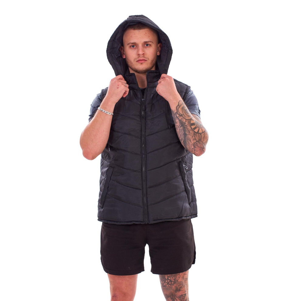 (Black, XL) Malay Men Bodywarmer Padded Lined Quilted Sleeveless Hooded Gilet Vest Jacket S to XXL