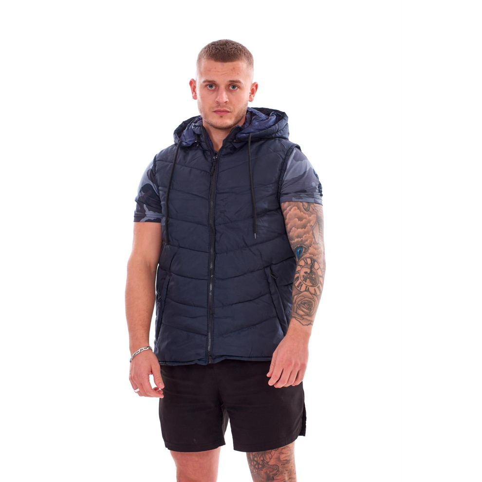 (Navy, XXL) Malay Men Bodywarmer Padded Lined Quilted Sleeveless Hooded Gilet Vest Jacket S to XXL