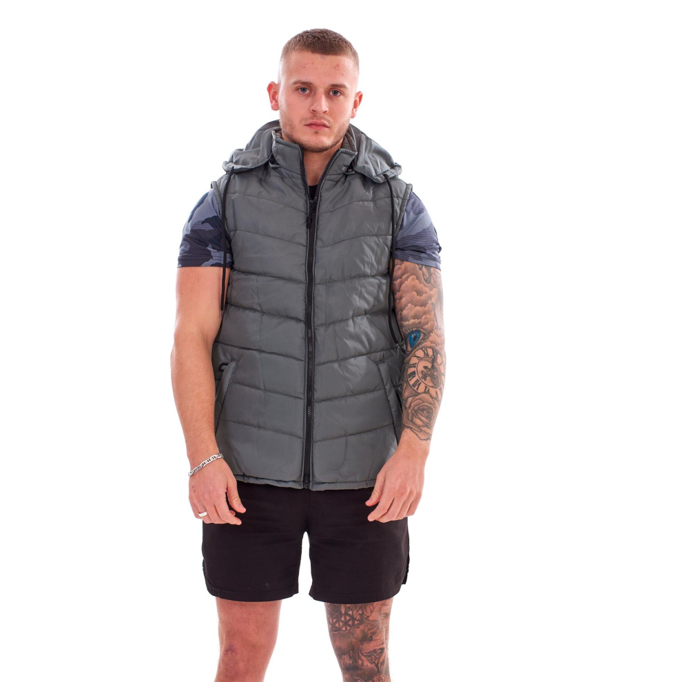 (Olive Green, M) Malay Men Bodywarmer Padded Lined Quilted Sleeveless Hooded Gilet Vest Jacket S to XXL