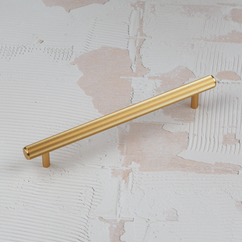 (160mm Handle) Gold Brass Reeded Kitchen Cabinet Handles Cupboard Door Drawer Pull Textured Grooved Bedroom Bathroom Furniture Wardrobe Replacement