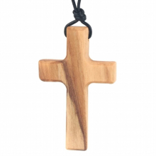 Hand-carved Tapered Wood Cross-shape Necklace Long Leather Rope Adjustable Olive Wood Pendant for Boys Girls Men Women