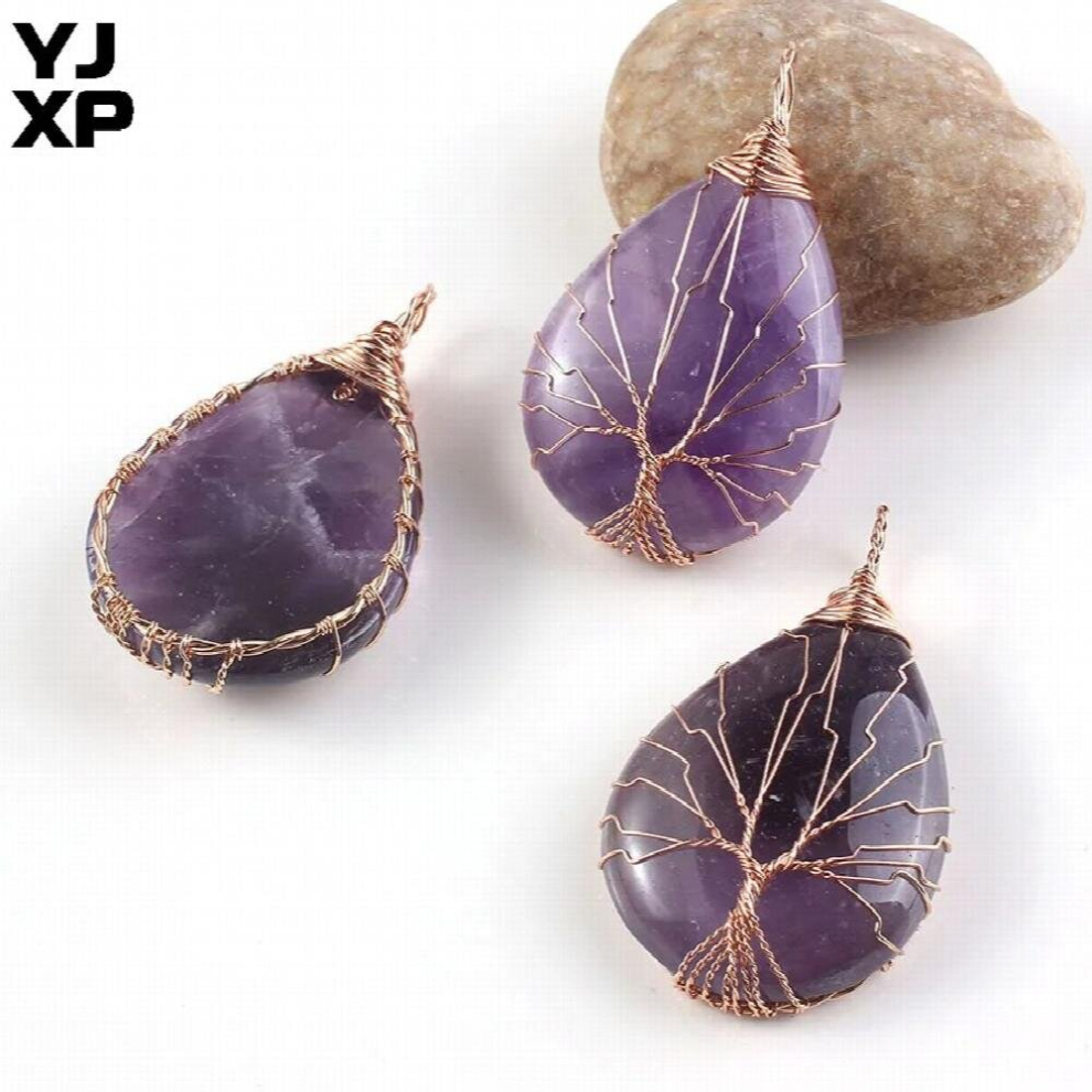 YJXP Rose Wire Wrapped Tree of Life Natural Purple Amethysts Water Drop-Shaped Quartzs Stone Pendant Gift-image-OPC-PCW5HJC-NEW