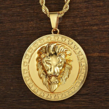 Lion Head Plated Carved Round Pendant Necklace Hollow Back Mens Boys Jewelry GP71